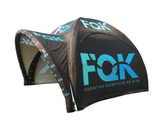 A black and blue 20ft air tent with an awning, featuring a logo on its surface.