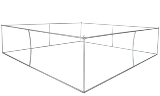 A square, silver tension fabric display frame with a size of 2438mm x 1067mm.