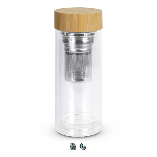 A drink bottle with a clear body, stainless steel infuser, and a bamboo lid. It features a simple, modern design.