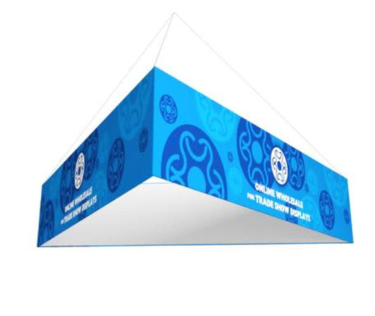 A triangular hanging frame featuring a vibrant blue design with a logo and a white underside.