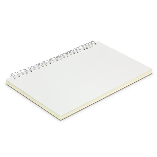 A medium-sized notebook with a spiral binding and blank cream pages. It has a plain cover.