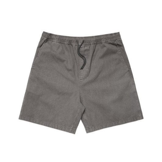 A pair of faded grey shorts featuring an elastic waistband and drawstring. The fabric appears lightweight and casual.