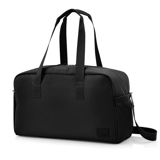 A black duffle bag with two handles and a removable shoulder strap, featuring side pockets and a branding logo.