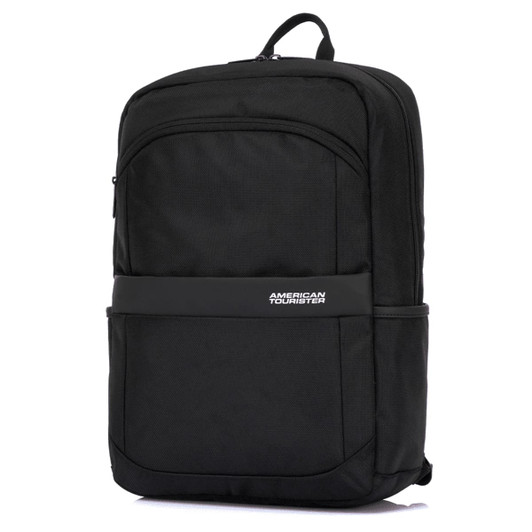 A black backpack with multiple compartments, featuring a logo and a sleek design.