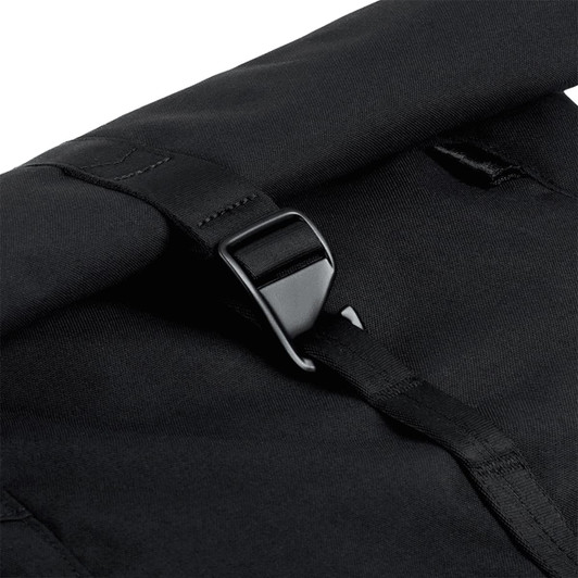 A black rolltop bag featuring a buckle closure and adjustable strap. It has a logo.