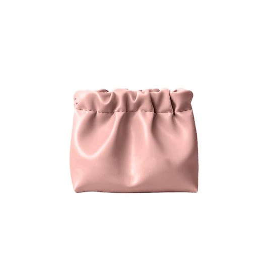 A zipperless portable makeup bag in soft pink, featuring a gathered design and smooth finish.