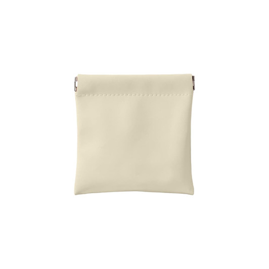 A small, cream-coloured cosmetic bag with a clasp closure and no visible branding.