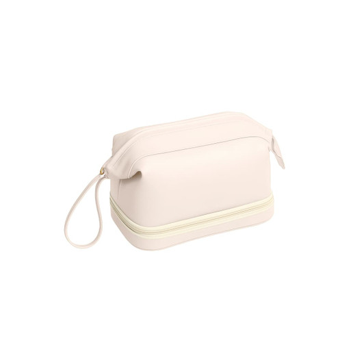 A large capacity toiletry bag in cream with a zip and a wrist strap. Features a sleek design and has a logo.