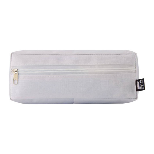 A white utility case with a zippered compartment and a small tag on the side.