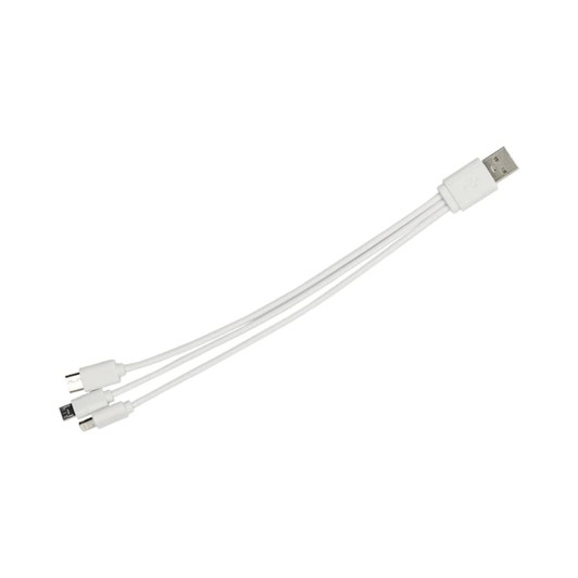 A white multi charge cable with a USB connector and three compatible charging ends. It has a branding logo.