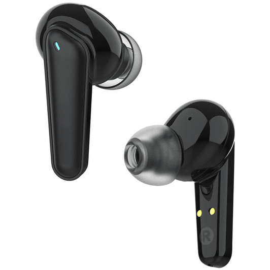 Black wireless earbuds with a glossy finish, featuring a logo and a silicone tip for comfort.