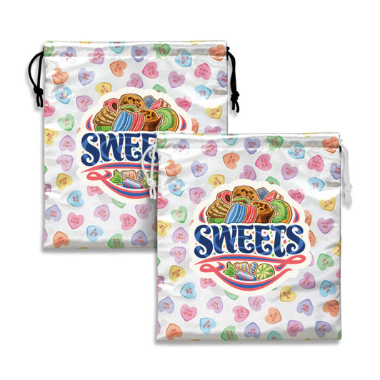 Two medium satin gift bags featuring a colourful sweets graphic on a white background, with drawstring closures.