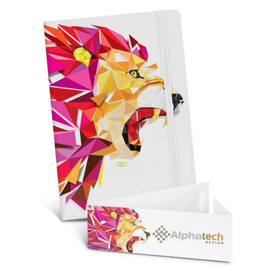 A full-colour notebook featuring a geometric lion design on a white background, accompanied by a branded card.