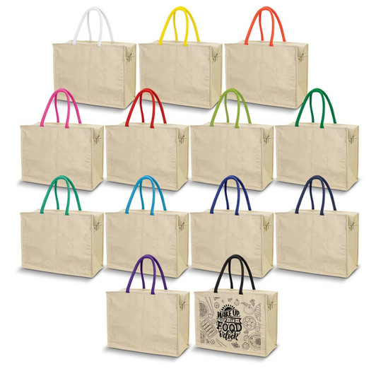 A range of beige cooler bags with colourful handles in various shades, featuring a graphic on one. All have branding.