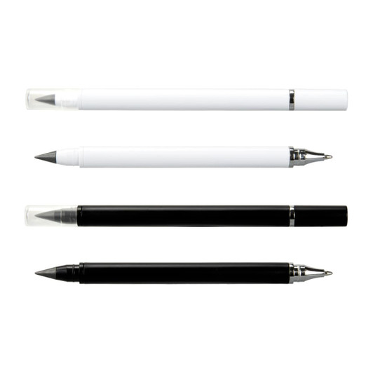 A collection of three dual-tip pens in white and black with clear caps and silver detailing.