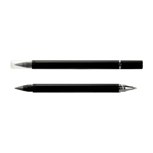 A dual-tip pen in black featuring both a fine point and a broader tip, with a transparent cap on one end.