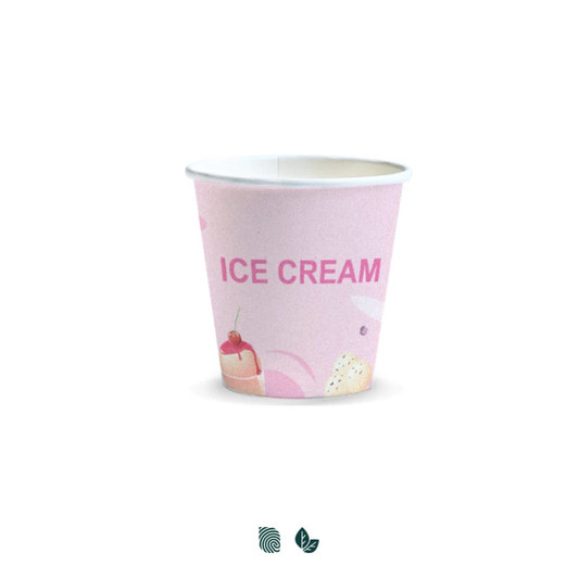 A pink compostable paper cup with an ice cream design and a logo. Suitable for serving ice cream or desserts.