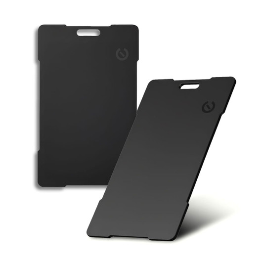 A sleek, black Bluetooth tracker with a minimalist design and a logo on the side.