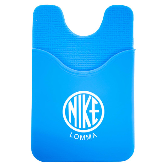 A blue phone wallet with a textured design and a logo. Features a pocket for cards or cash.