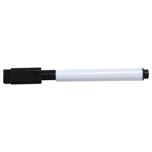 A whiteboard marker with a black cap and nib, featuring a white barrel. It has a logo on the barrel.