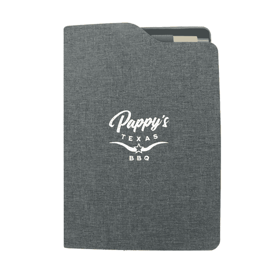 A grey notebook with a textured cover featuring a logo and a slot for cards or papers.