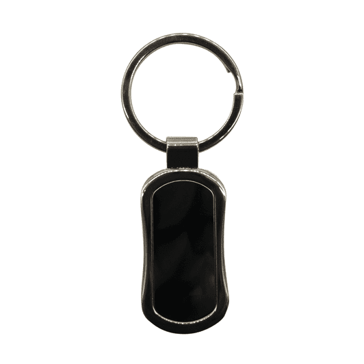 A gunmetal keychain featuring a sleek design with a smooth black surface and a metal ring.