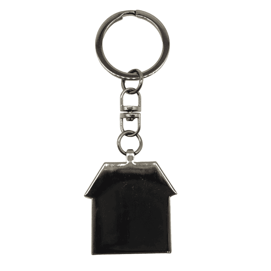 A gunmetal keychain shaped like a house, featuring a circular keyring attachment and a sleek finish.