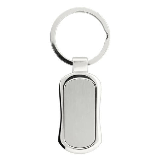 A silver keychain with a smooth, elongated rectangular design and a metal ring.