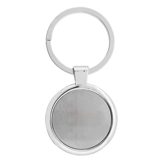 A silver Anello keychain featuring a circular design with a smooth, reflective surface and a metal ring.