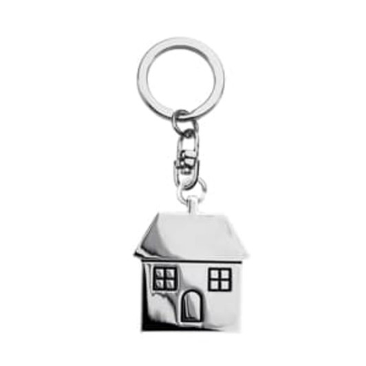 A silver keychain shaped like a house, featuring a keyring attachment and detailed window designs.