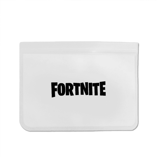 A white reusable food storage bag featuring a black logo. It has a zip closure and rounded corners.