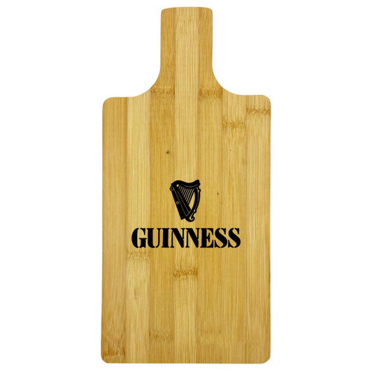A bamboo chopping board with a handle and a logo design featuring a harp element in black.