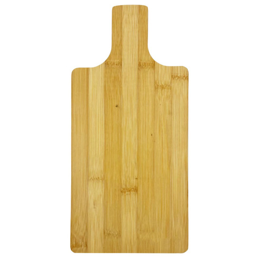 A bamboo paddle board with a smooth, natural finish and a handle, ideal for kitchen use. It has a logo.