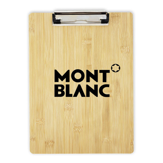 A bamboo clipboard featuring a silver clip and a logo at the centre. The clipboard has a natural wood texture.