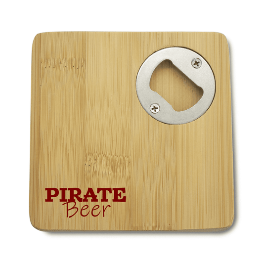 A square bamboo coaster featuring a bottle opener, with a dark red logo design.