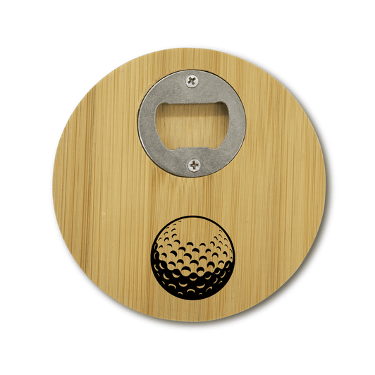 A round bamboo coaster with a silver bottle opener and a golf ball design in black.