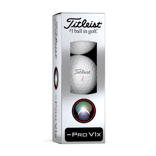 A box containing white Titleist Pro V1X golf balls, featuring a logo and a sleek silver design.