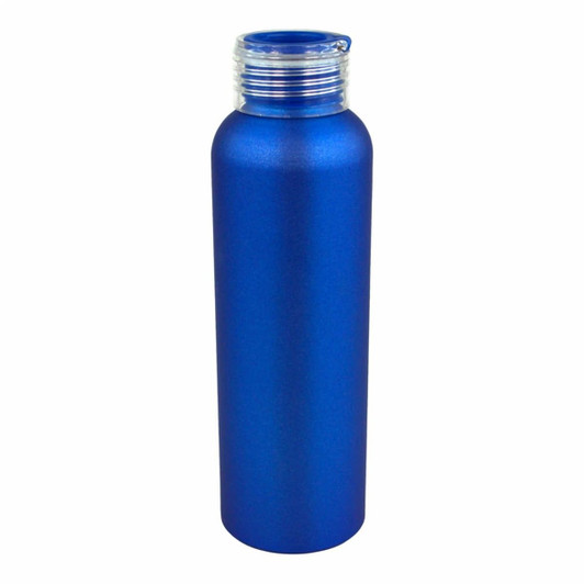 A drink bottle in a vibrant blue colour with a screw-on cap and a smooth metallic finish. It features a logo.