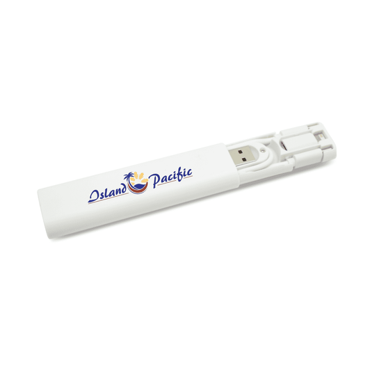 A white charging cable kit with a built-in holder and a logo.