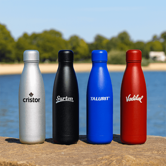 A drink bottle collection featuring silver, black, blue, and red stainless steel bottles with various logos.