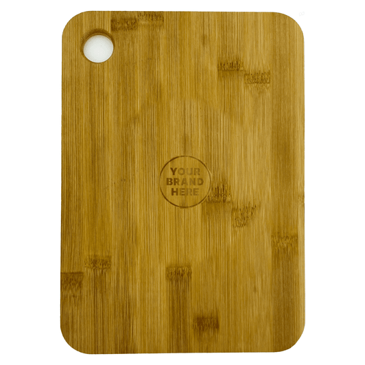 A large bamboo cutting board with a round hole, featuring a logo in the centre. The board has a natural wood finish.