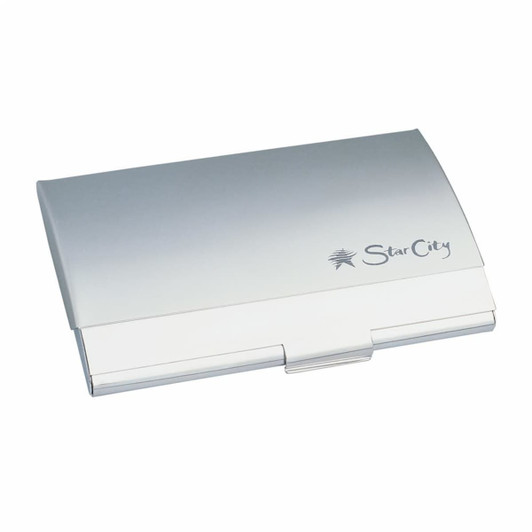 A sleek silver deluxe pocket business card holder with a logo on the surface. Ideal for storing business cards.