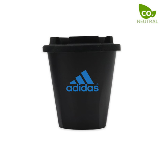 A black 350mL cup with a blue logo and a dark lid, featuring a branding logo.