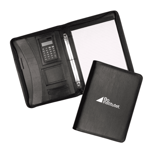 A black zippered compendium featuring a calculator, notepad, and multiple pockets. It also has a logo.