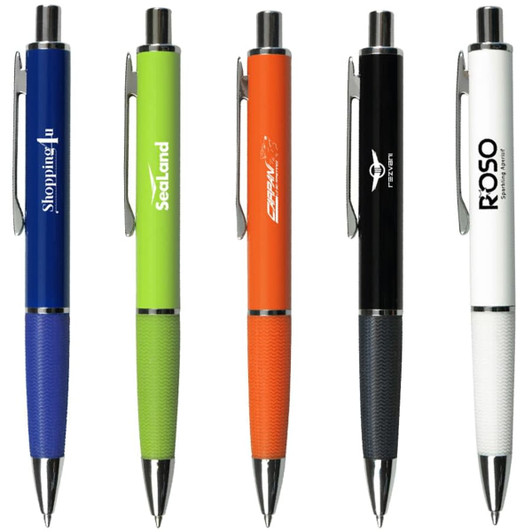 A collection of five metal pens in blue, green, orange, black, and white, each with a different logo or branding.
