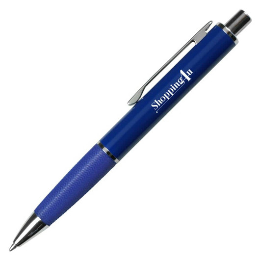 A metal pen in blue with a textured grip and a silver clip, featuring a logo on the side.
