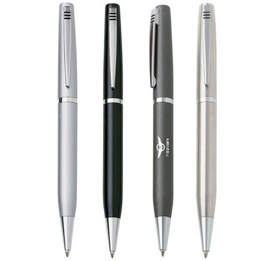 Four assorted pens in silver, black, dark grey, and light grey, featuring a logo on one of them.