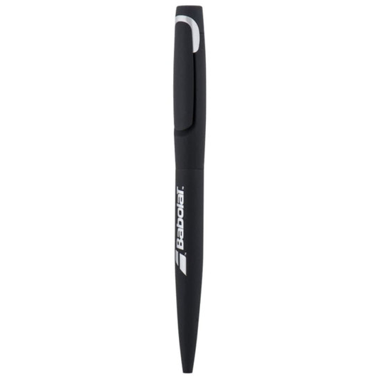 A black metal pen with a sleek design and a clip, featuring a logo on its side.