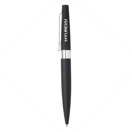 A metal pen in black with a silver clip and a logo on the body.