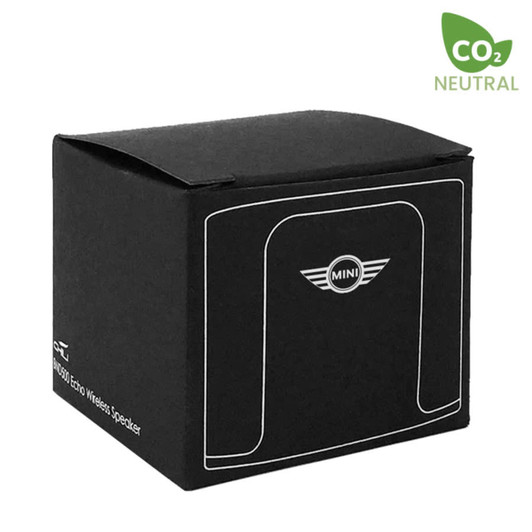 A black box containing the Echo Wireless Speaker, featuring a logo on the front and a CO2 neutral badge.